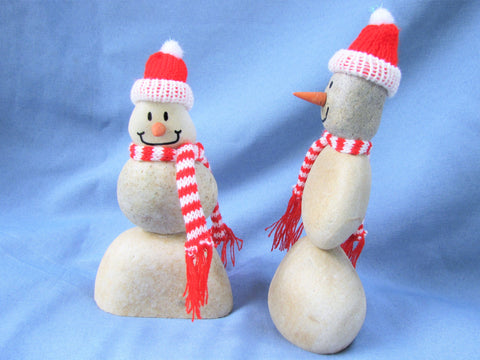Snowman with Red Santa Hat, Made of Stacked Stone