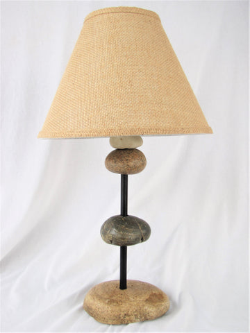 Rock Lamp on Black Steel Pole (21" tall), Stacked Stone Cairn Lamp