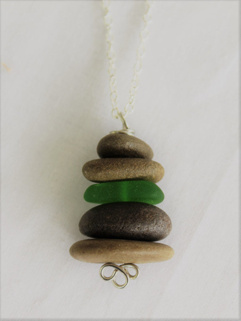 Sea Stone Necklace with Sea Glass, Rock Necklace