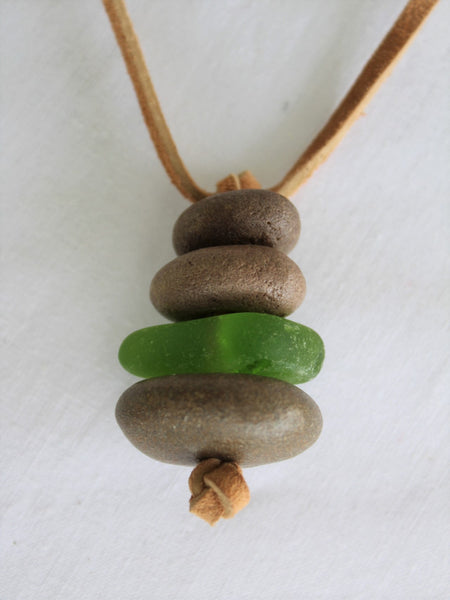 Stone and Sea Glass Necklace with Leather Cord