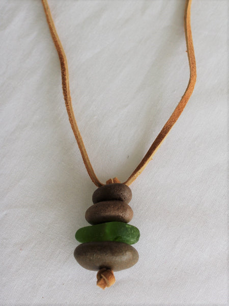 Stone and Sea Glass Necklace with Leather Cord
